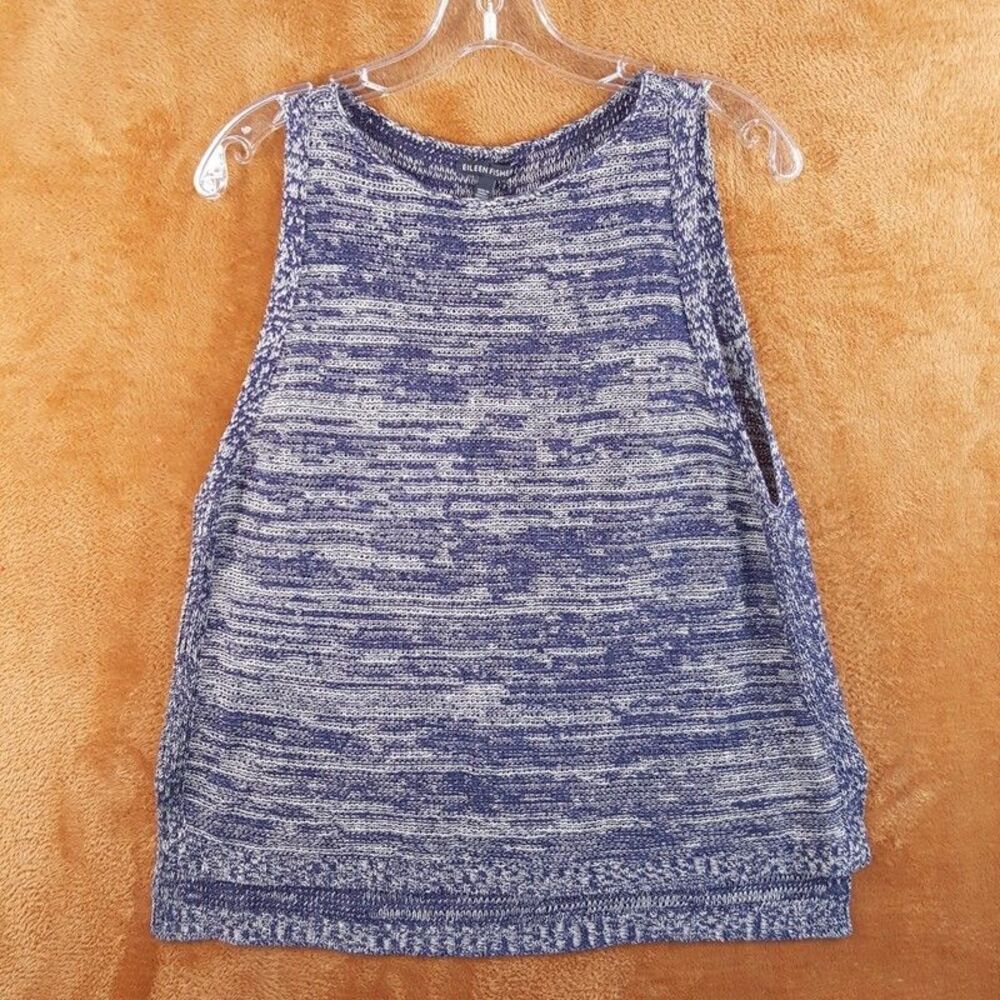 EILEEN FISHER Top Womens XS Blue Pullover Tank Side Slit Sleeveless Marled Knit